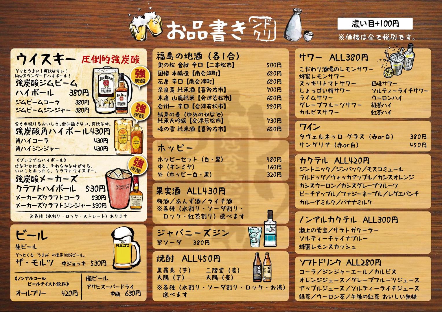 お品書き 居食厨房 ちゃりちゃり 福島市 居酒屋 飲み放題 個室 イベント